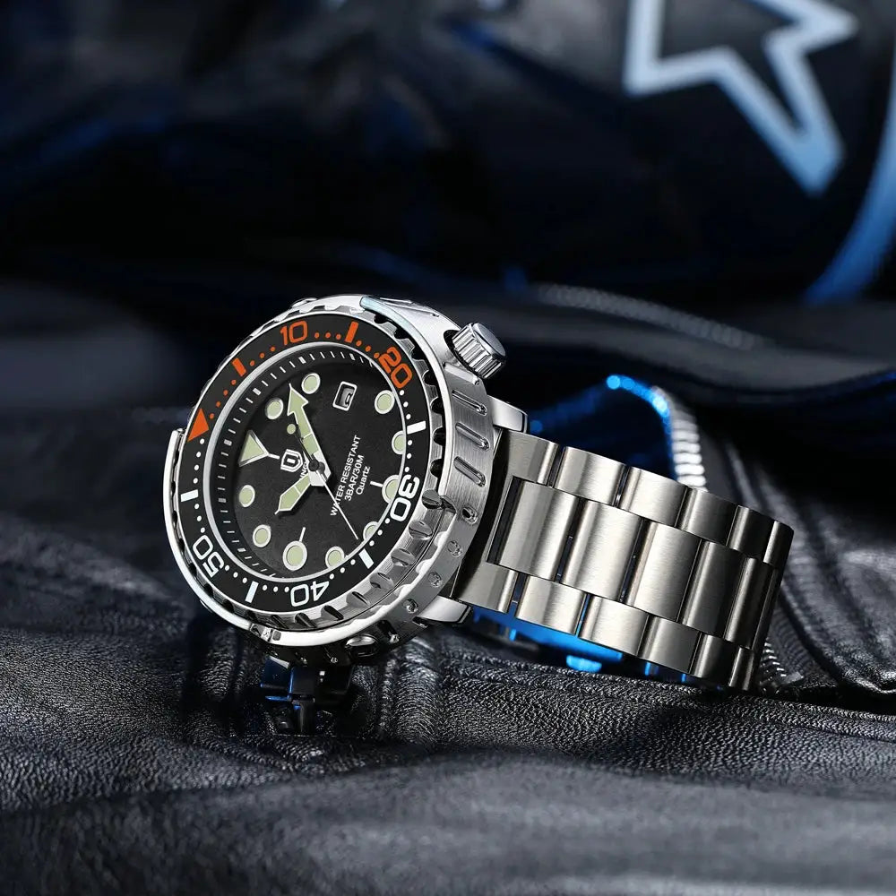Men's stainless steel dive watch with orange bezel