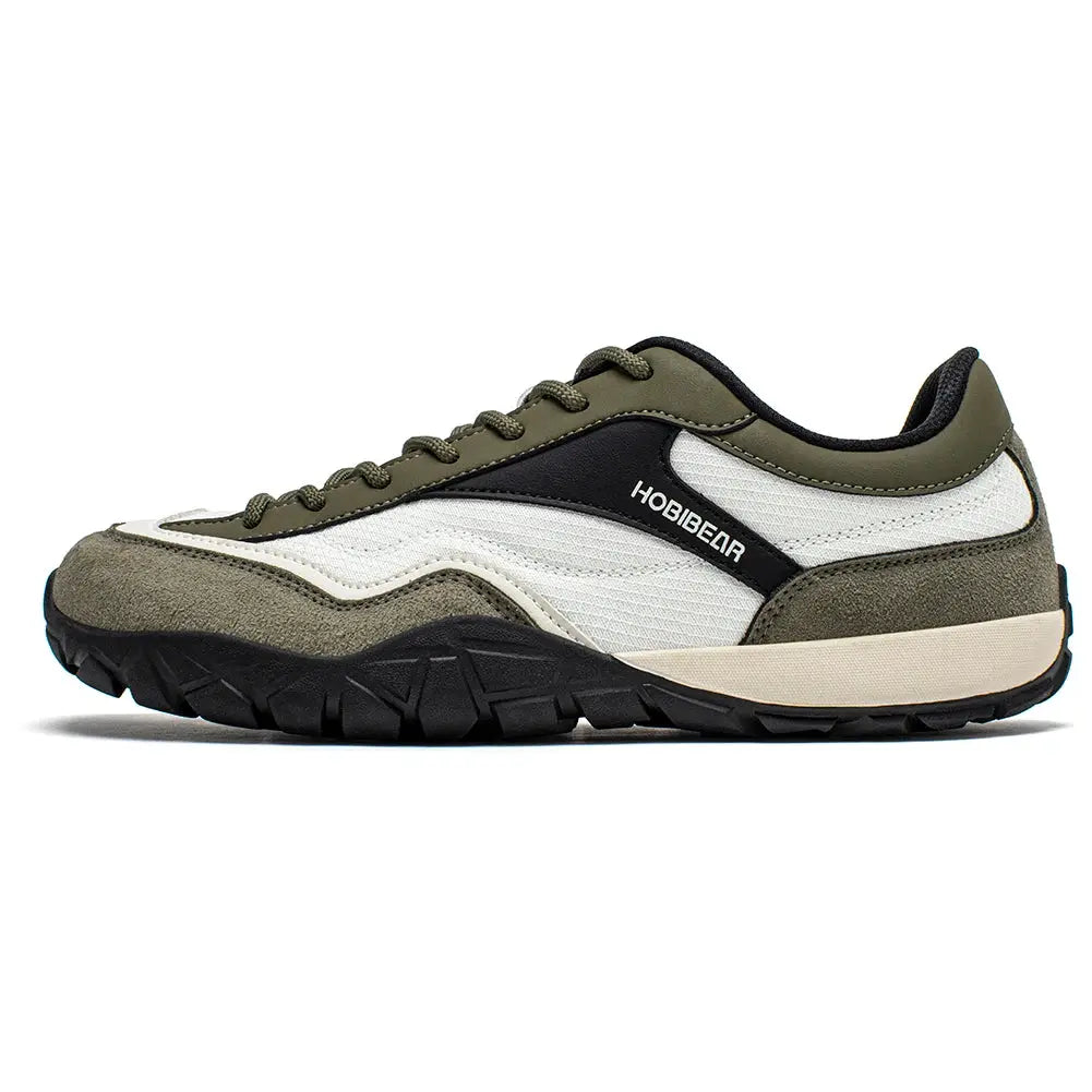 HOBIBEAR wide-width hiking shoes, unisex trekking sneakers in olive green and white with lace-up and rugged outsole
