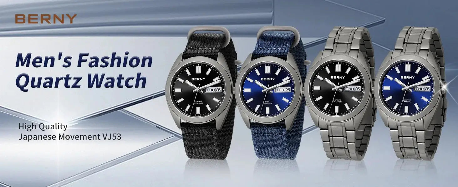 BERNY men's titanium watch set of 4 with black fabric, blue fabric, and silver metal bands.