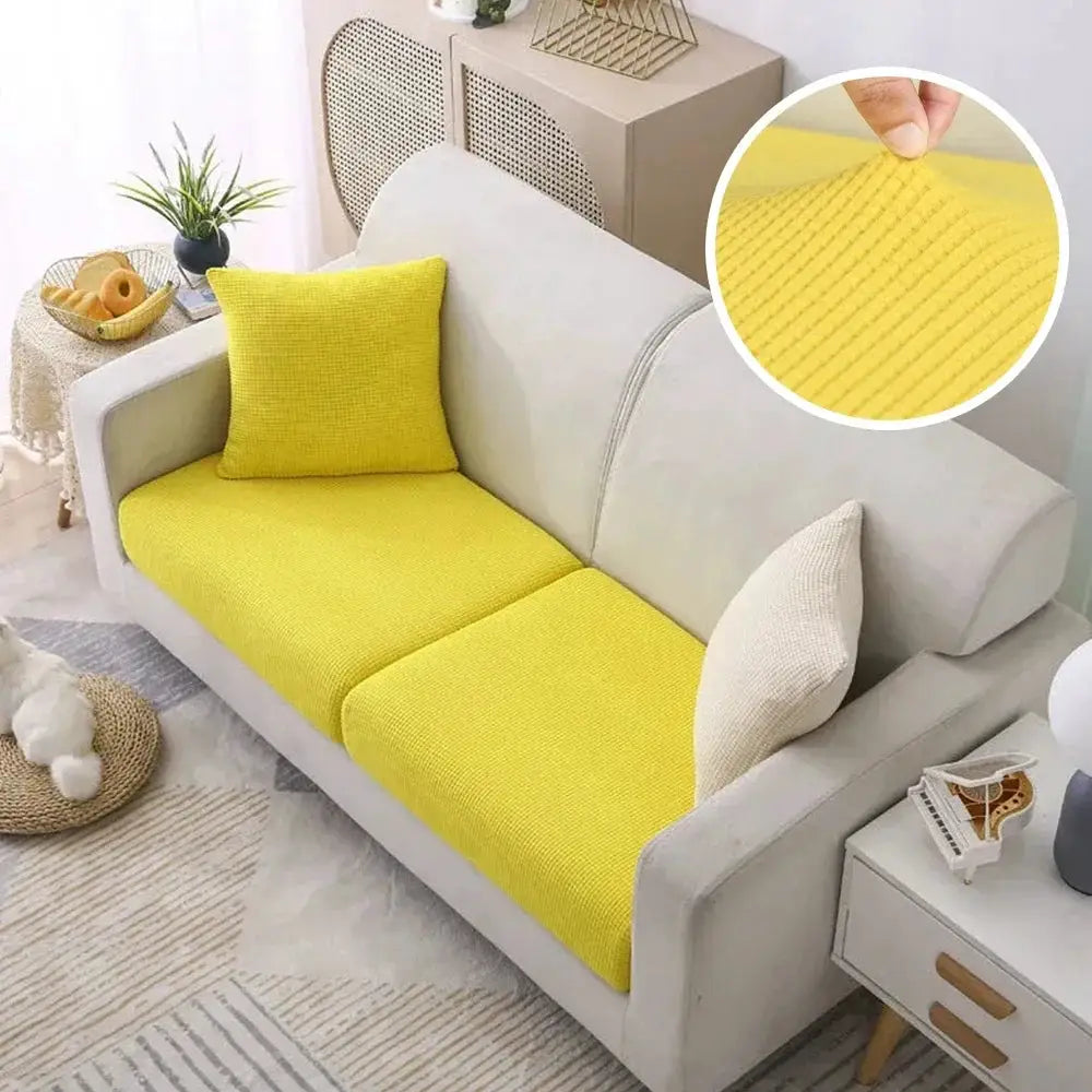 Jacquard polar-fleece stretch sofa cover set in bright yellow for couch and chaise by Simples Market
