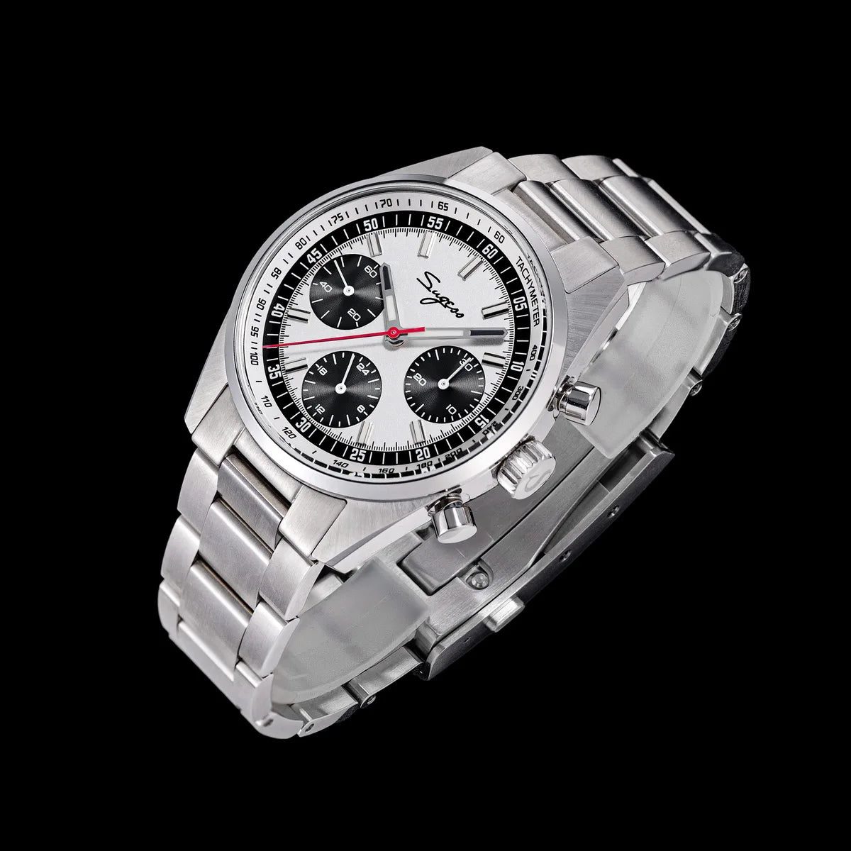 Sugess men's 38mm chronograph stainless steel wristwatch with white dial and tachymeter bezel