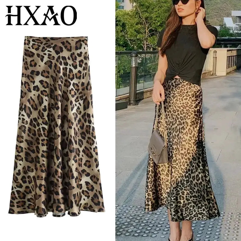 HXAO Leopard Print Satin Midi Skirt For Women High Waist Flattering Vintage Style