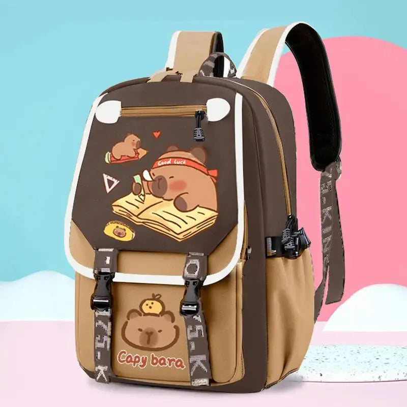 Kawaii capybara khaki kids backpack with front flap graphic and bear pocket