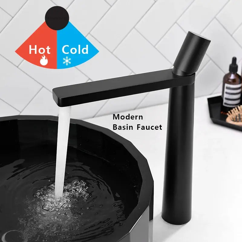 Simples Market modern basin faucet in black matte finish with single-handle, tall cylindrical design