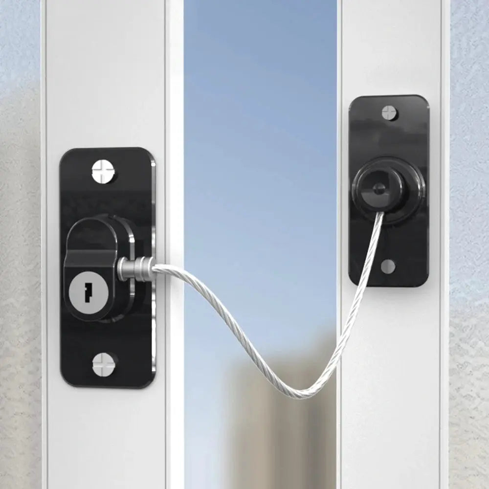 Child safety window lock set, 2-piece, black metal plates with steel cable