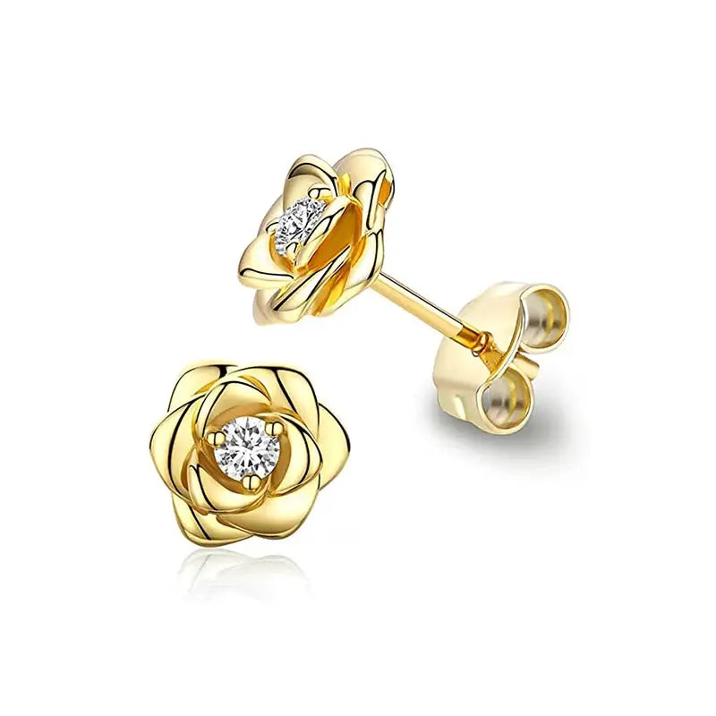 Pair of Huitan heart-shaped eternity stud earrings in gold-tone copper alloy with cubic zirconia