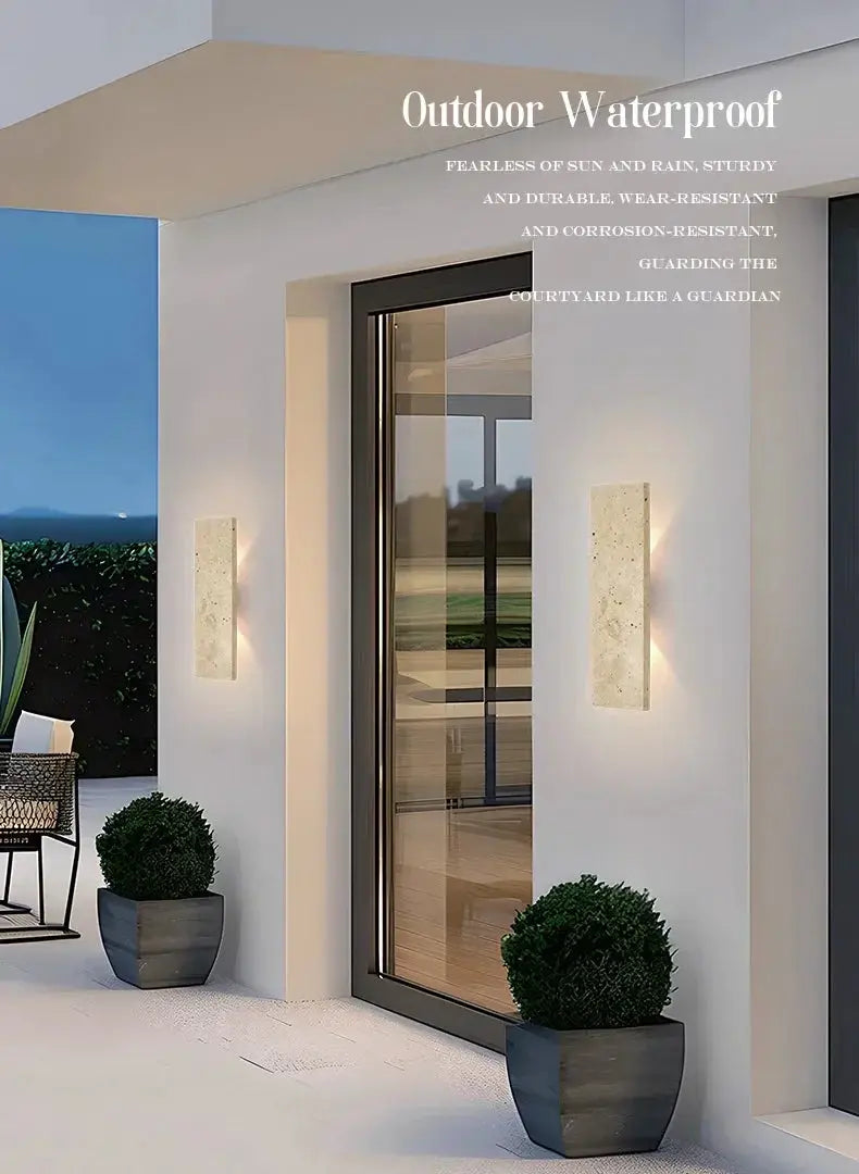 Simples Market outdoor waterproof stone wall lamps (pair), 18W LED vertical strip fixtures beside glass door