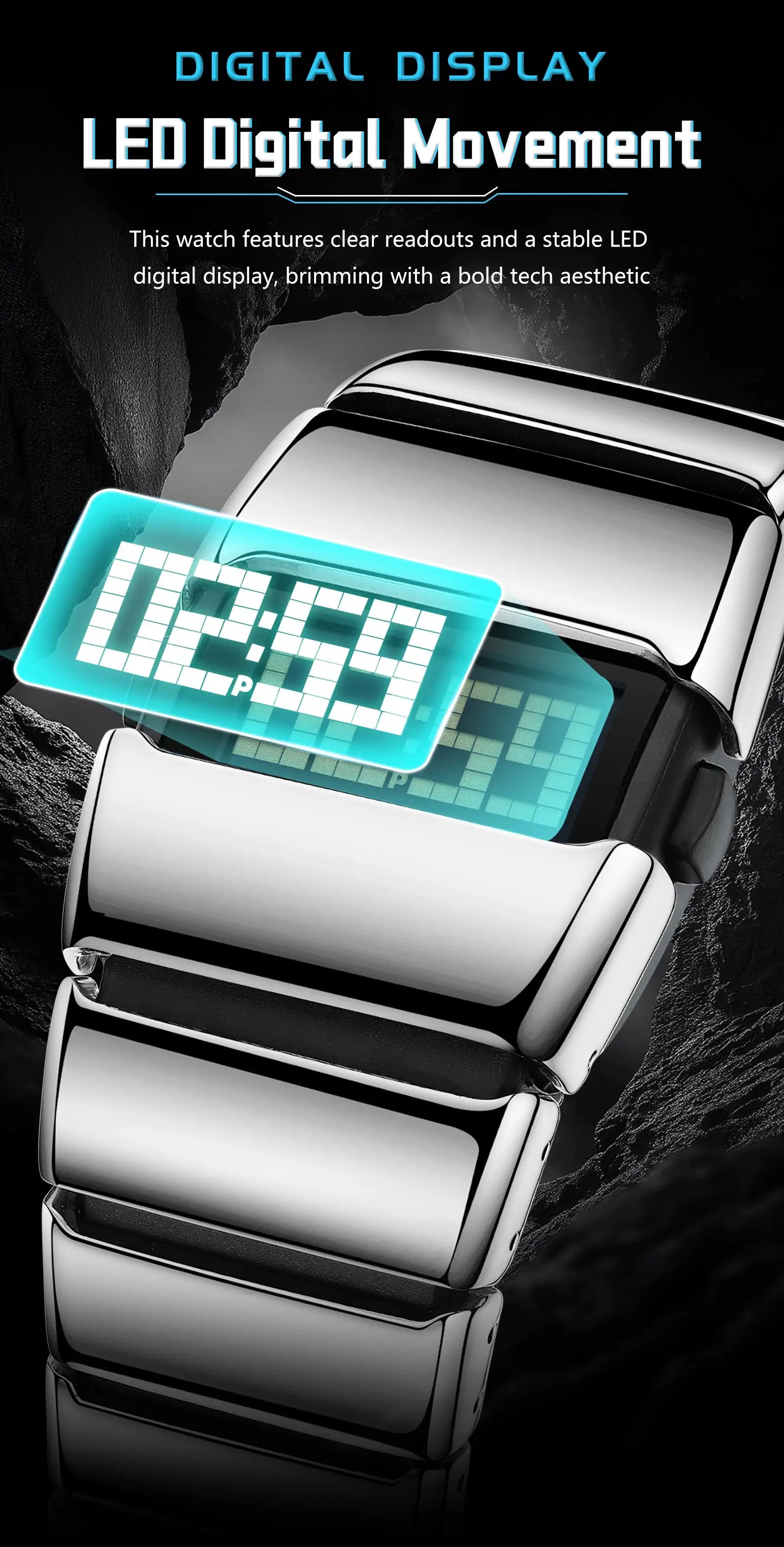 POEDAGAR fashion LED digital men's watch, waterproof stainless steel band, blue LED display