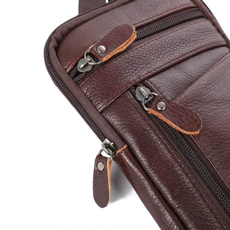 Simples Market men's brown genuine leather waist bag with zip pockets