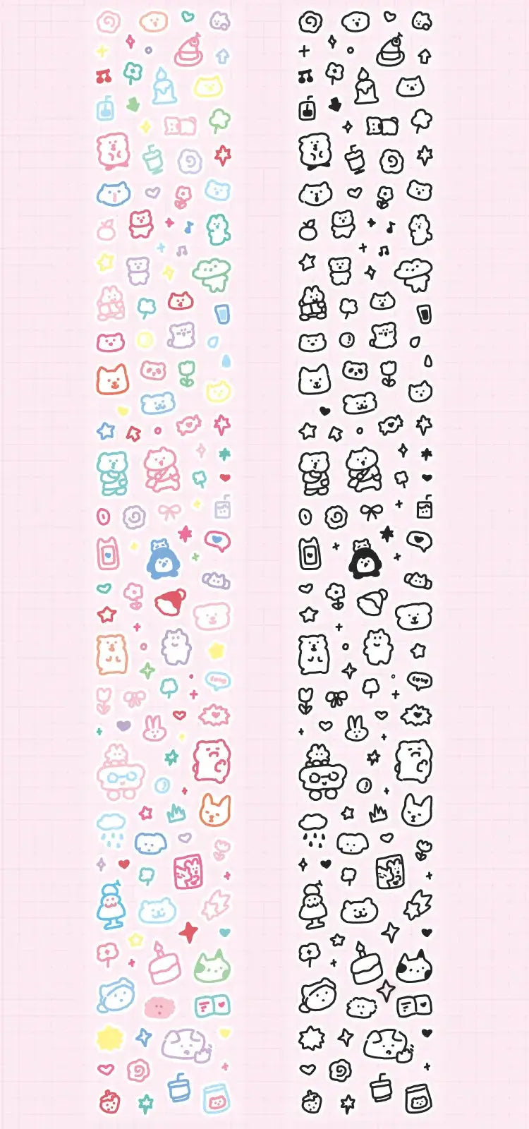 Mr.paper 200cm hand-drawn small-pattern decorative tapes (two) in pastel colors and black line art on pink grid.