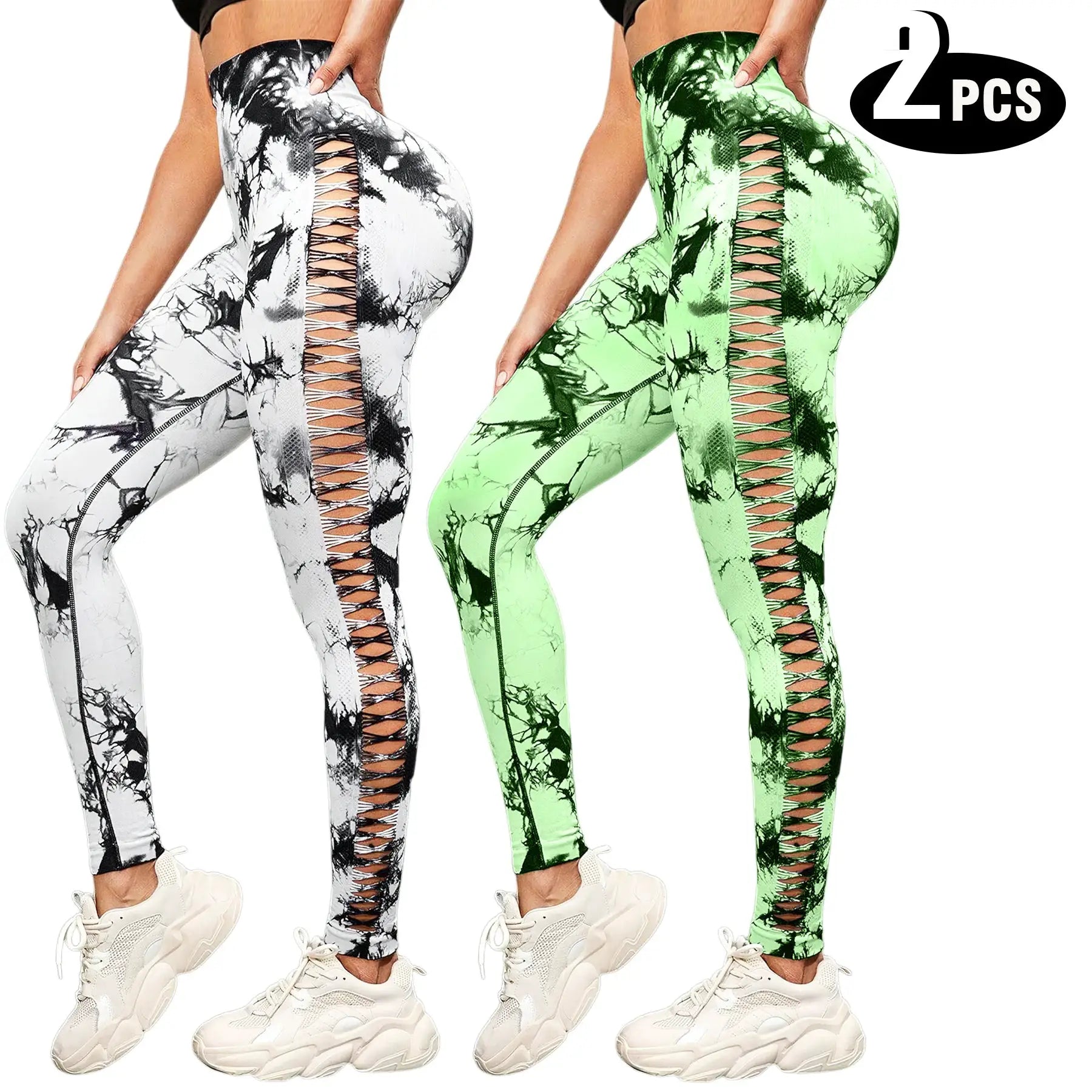 2-pack women's high-waisted butt-lifting seamless yoga leggings with lattice side panels; white/black and green marble.