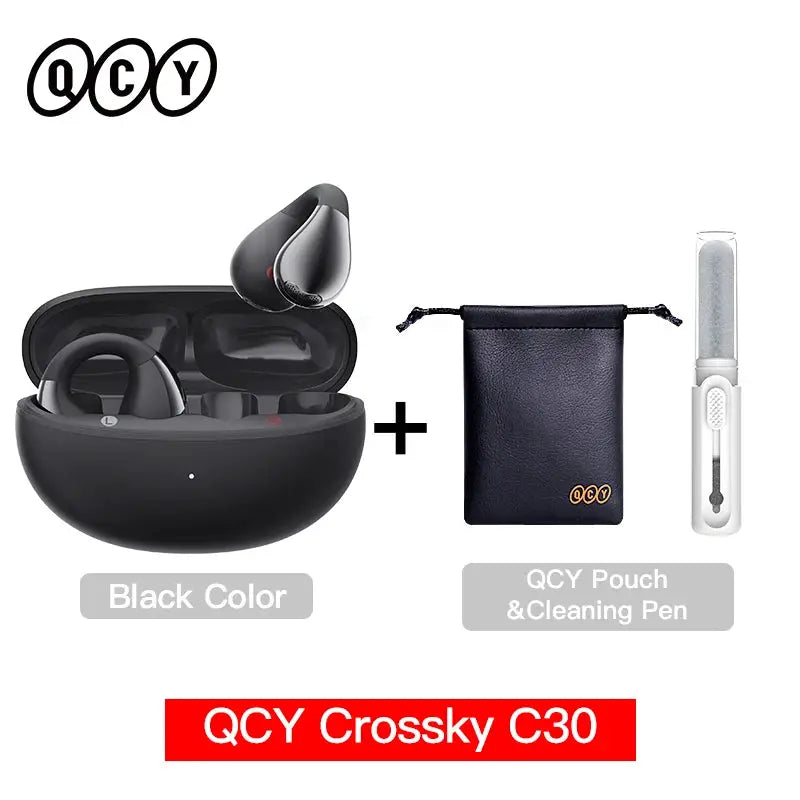 QCY Crossky C30 open-ear wireless earbuds in black with charging case and included pouch plus cleaning pen