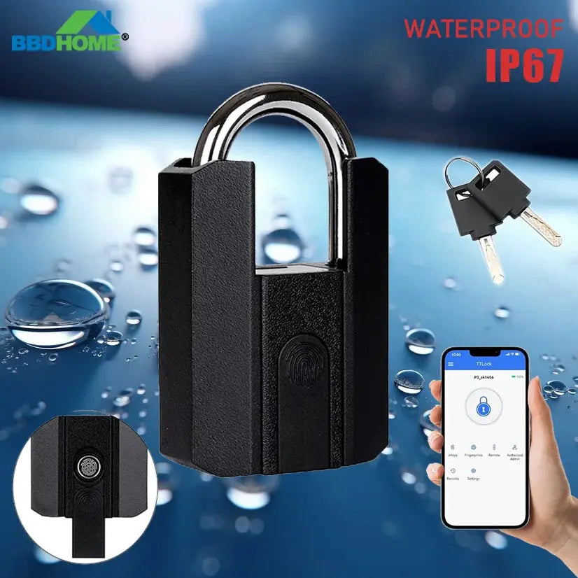 BBDHOME smart padlock with TTlock app control, fingerprint keyless, IP67 waterproof, includes two keys