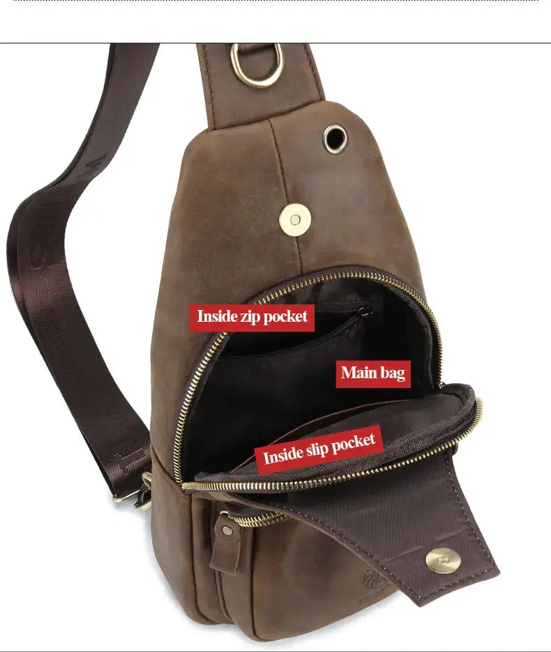 SCHLATUM 100% genuine leather chest bag in brown; triangle crossbody with main pocket and inner zip and slip pockets