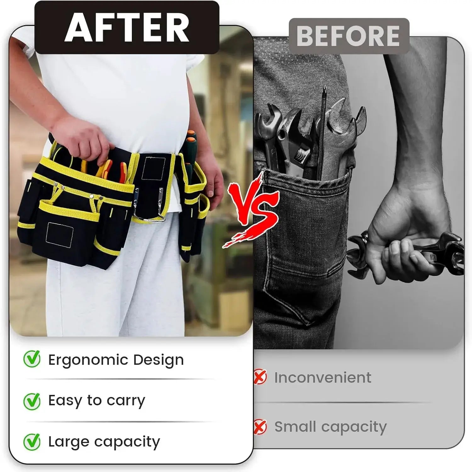 Tool belt bag with adjustable pockets and detachable work pouch; black with yellow trim.