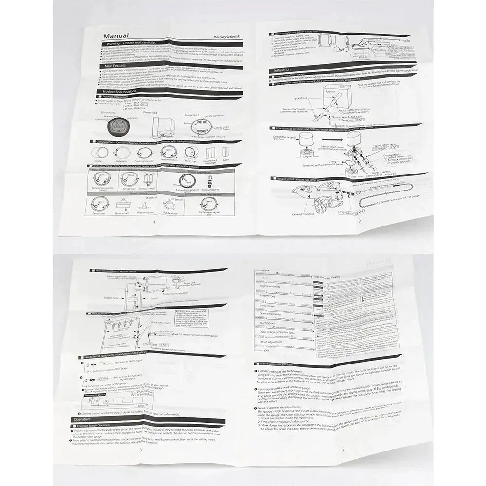 52mm car gauge manual sheets from Simples Market with diagrams for boost, water temp, oil temp, volt, tachometer