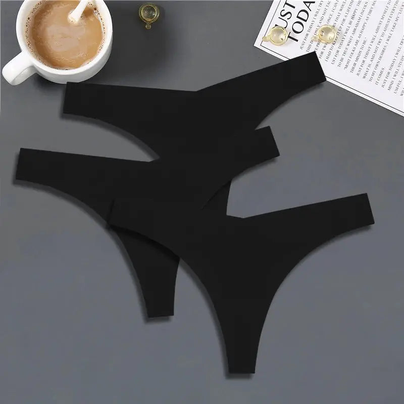 3-pack black ice-silk seamless thong underwear for women, low-rise V-waist, breathable fabric