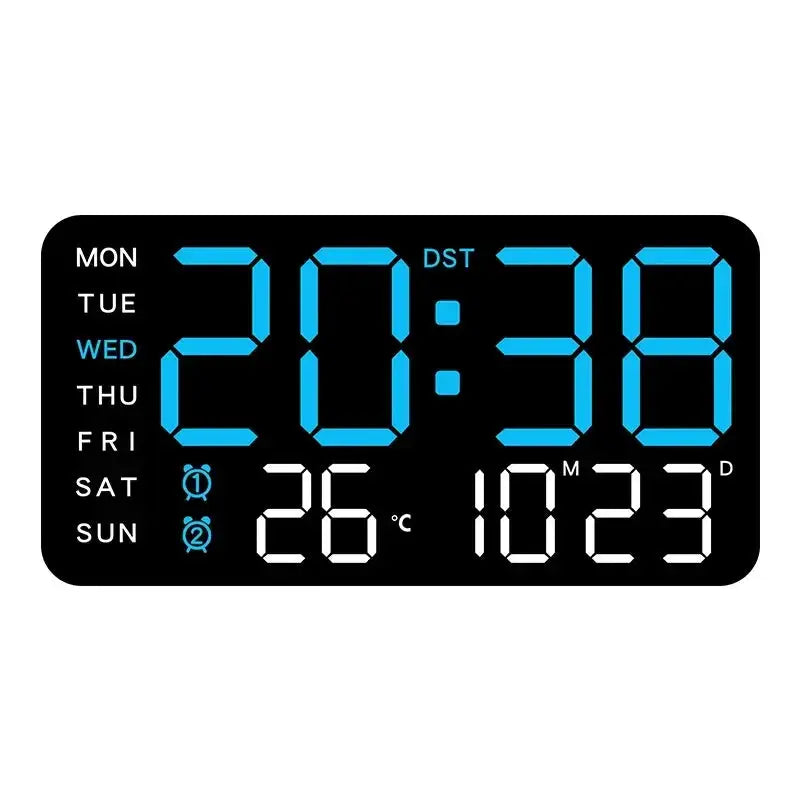 Mirror-brushed finish digital wall clock with large blue LED digits, weekday indicators, and temperature/date displays.