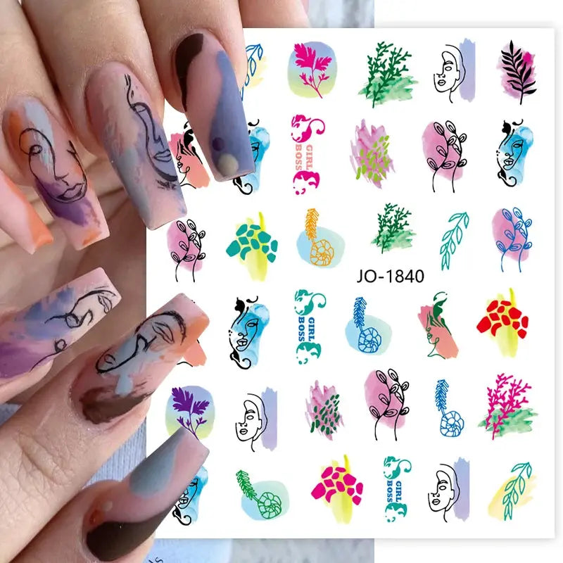 Nail art decals 1 sheet by Simples Market: colorful geometric and floral 3D stickers for Y2K nail designs