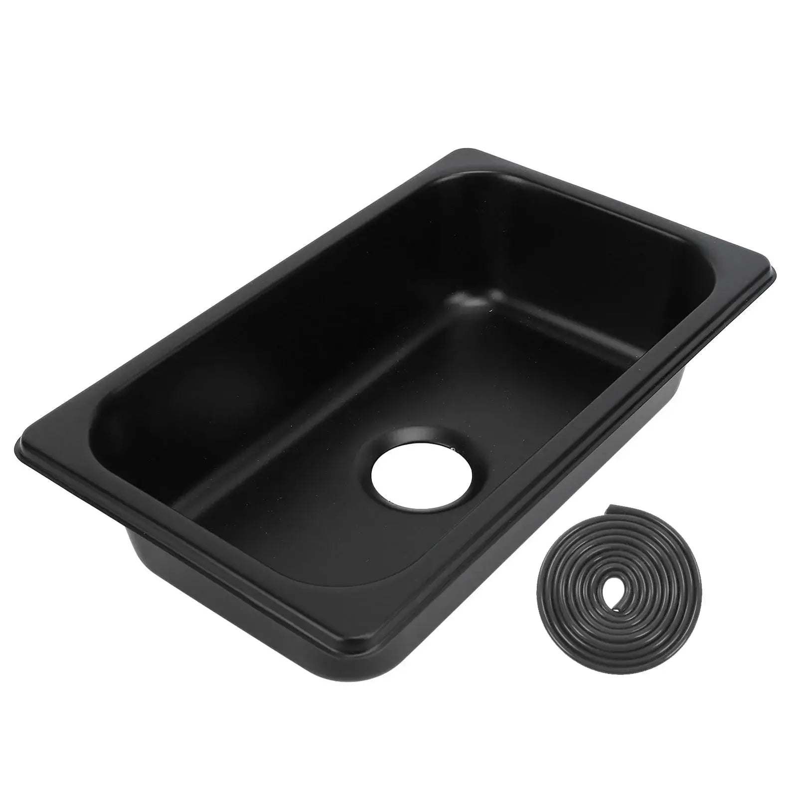 RV kitchen sink by Simples Market, black rectangular basin with 40mm drain and two coiled hoses