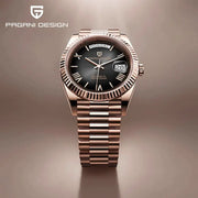 Pagani Design DD36 rose gold automatic men's watch with day/date, sapphire glass, black dial, stainless steel bracelet