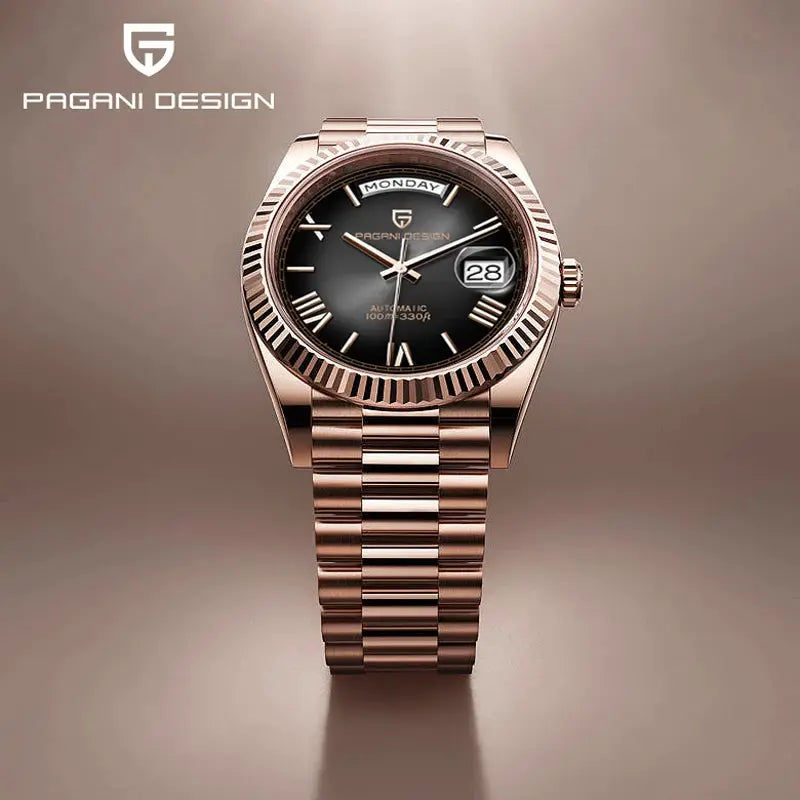 Pagani Design DD36 rose gold automatic men's watch with day/date, sapphire glass, black dial, stainless steel bracelet