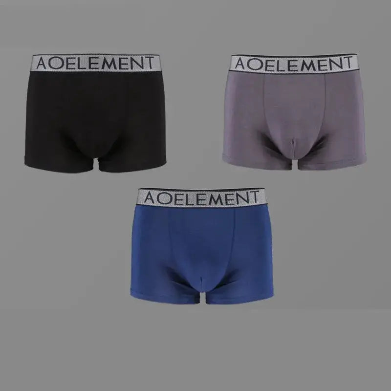 Men's boxer briefs set in black, lavender, and blue with AOELEMENT waistband; breathable modal underwear.