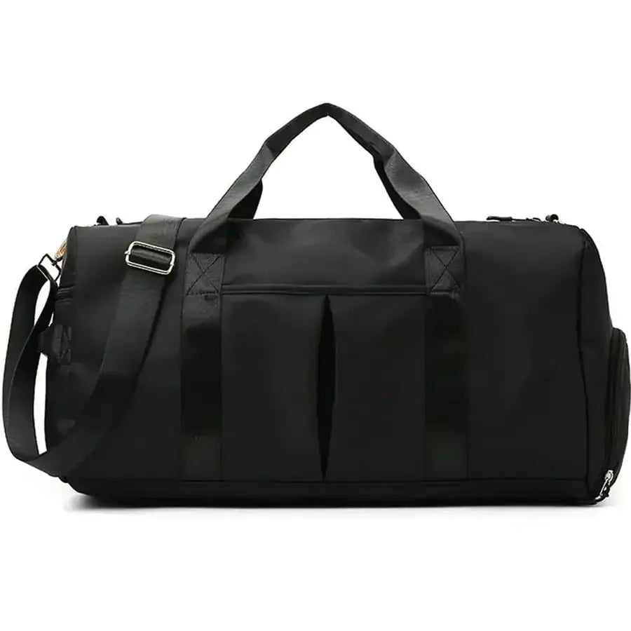 Black fitness duffel bag with dual top handles and detachable shoulder strap, large-capacity waterproof travel bag