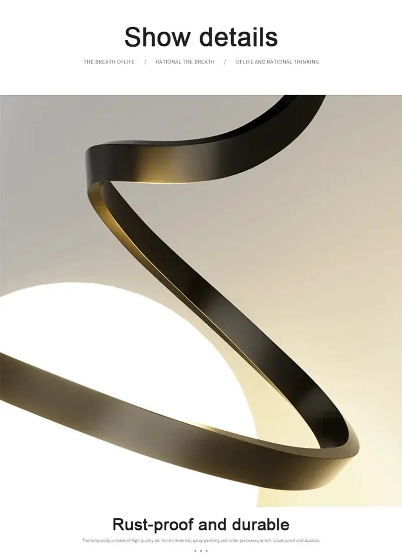 Nordic LED pendant light by Simples Market with a black twisting metal ring around a white globe