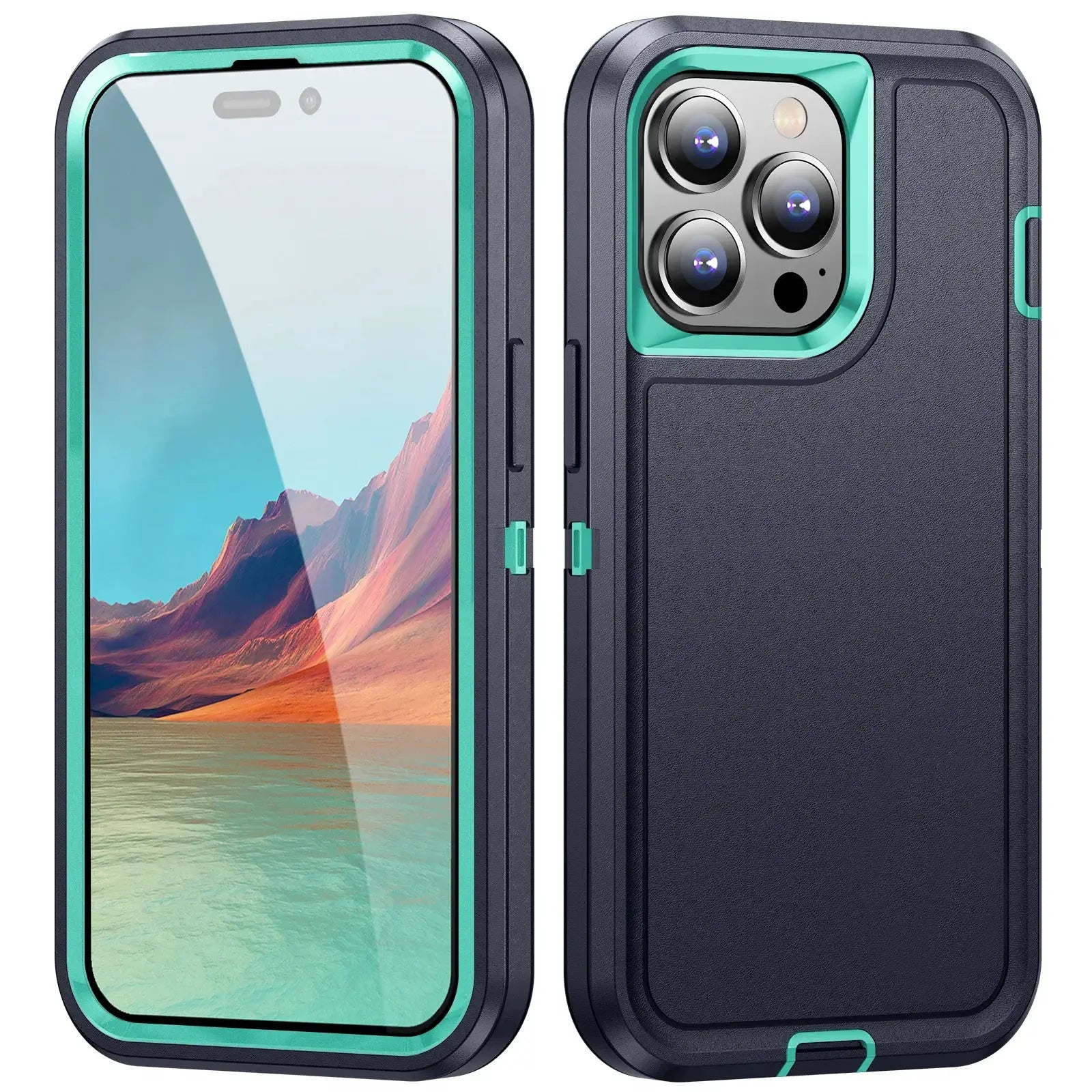 3-in-1 Defend Armor shockproof iPhone case by Simples Market with turquoise frame and black TPU back