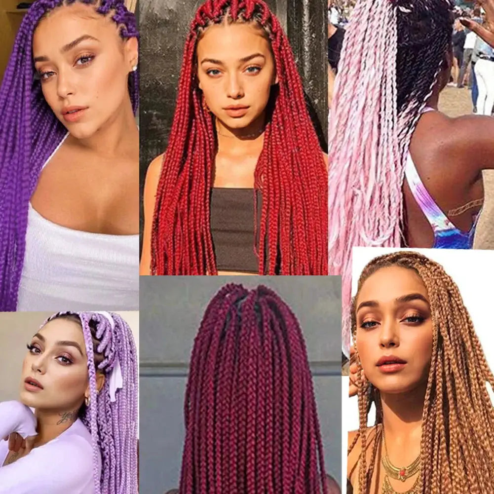 24-inch jumbo braiding hair extensions collage of six models in purple, red, pink ombre, lavender, burgundy, and blonde.