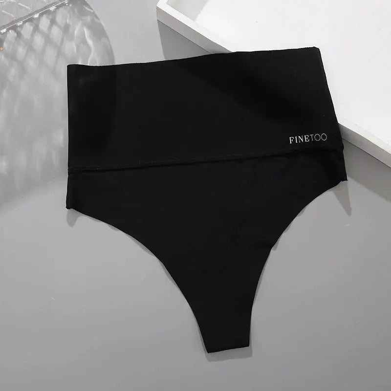 Black seamless high-waist thong with wide waistband; FINETOO logo, breathable body-shaping underwear plus size S-XL