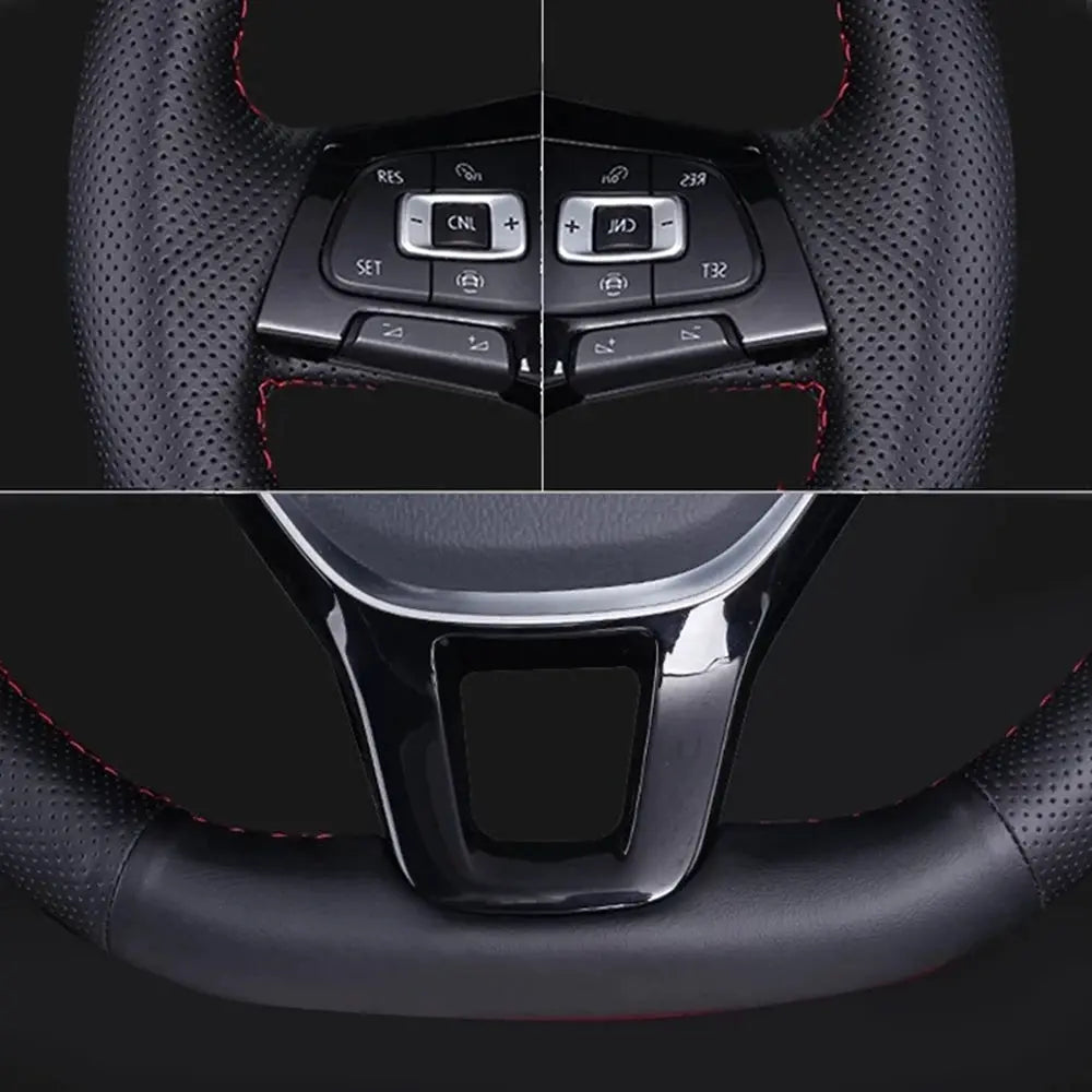 Steering wheel cover, non-slip black braided leather with red stitching for Volkswagen VW models.