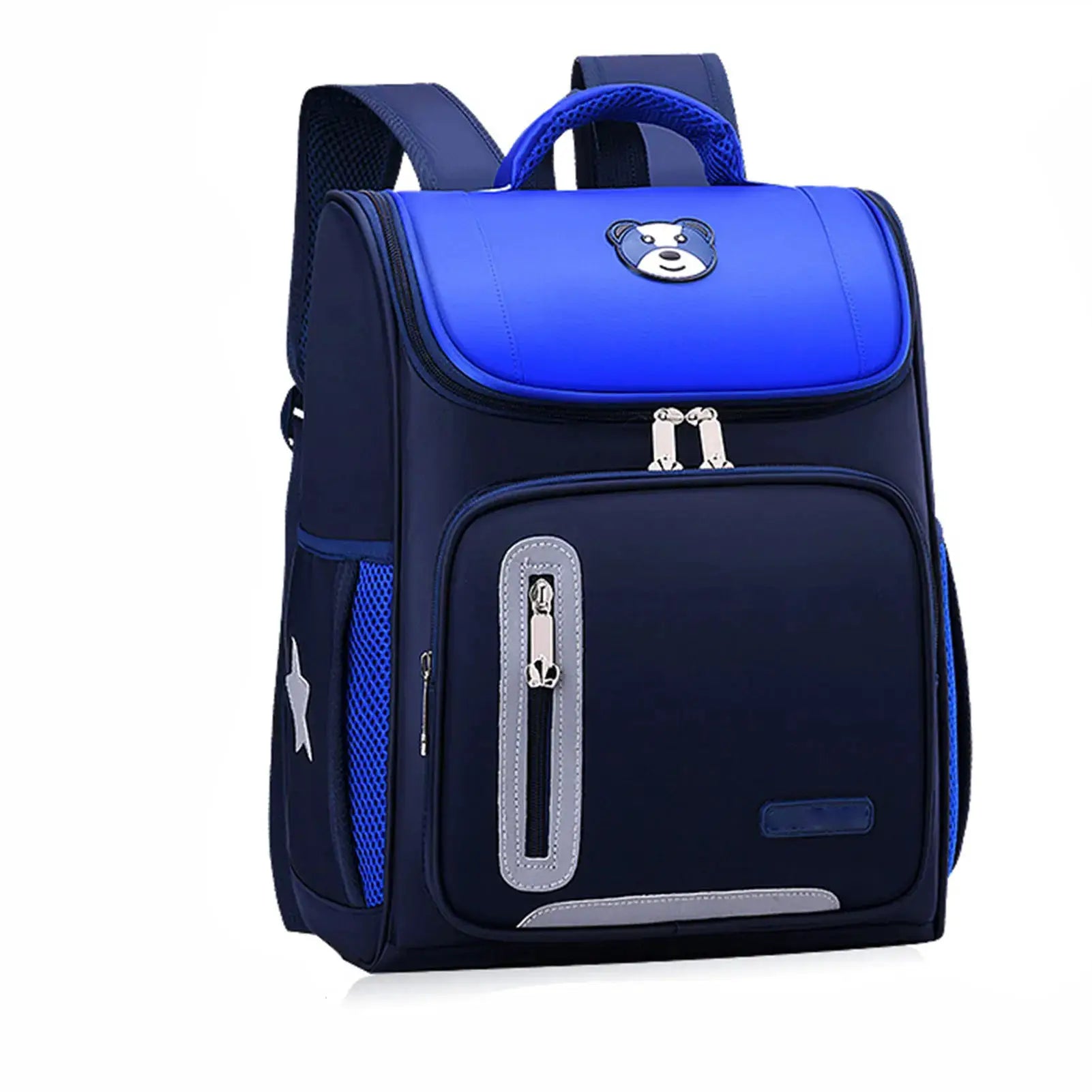 School backpack for kids in blue navy with reflective trim and bear logo.