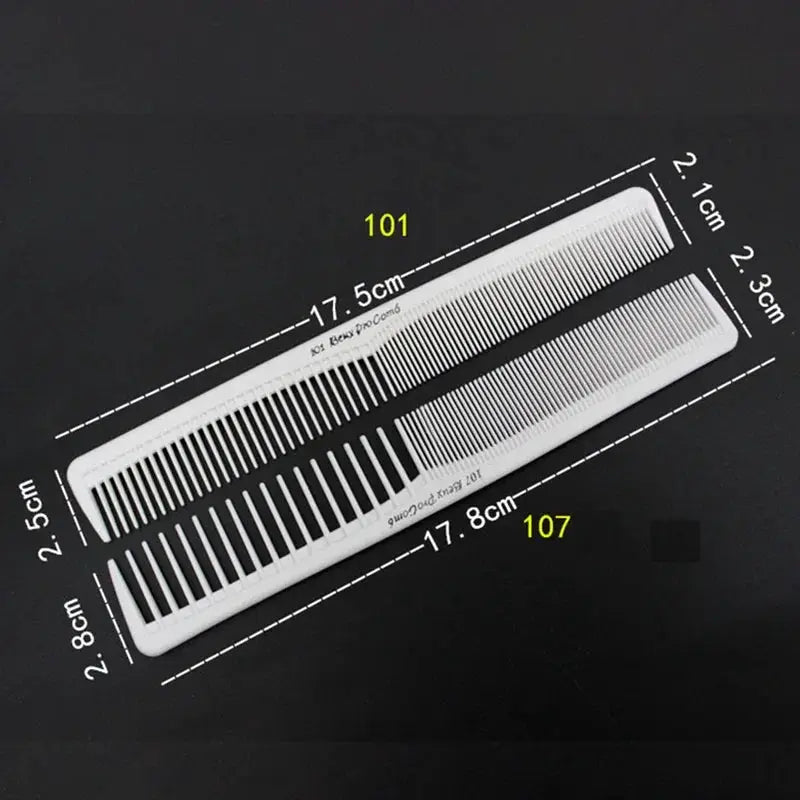 Professional anti-static hair cutting combs in white plastic, flat head with fine teeth; two combs about 17.5 cm long.
