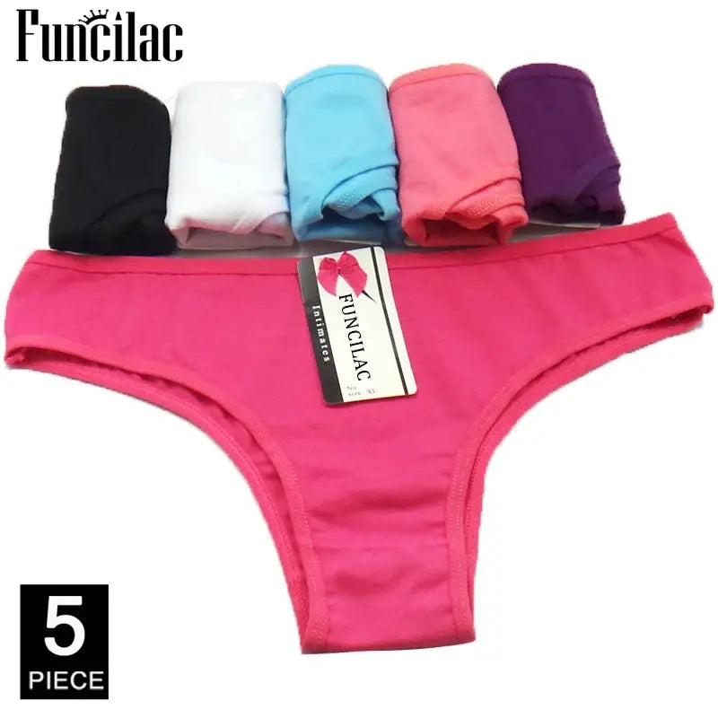 Women's cotton panties 5-piece bikini briefs set; pink main with black, white, blue, pink, purple options Funclac