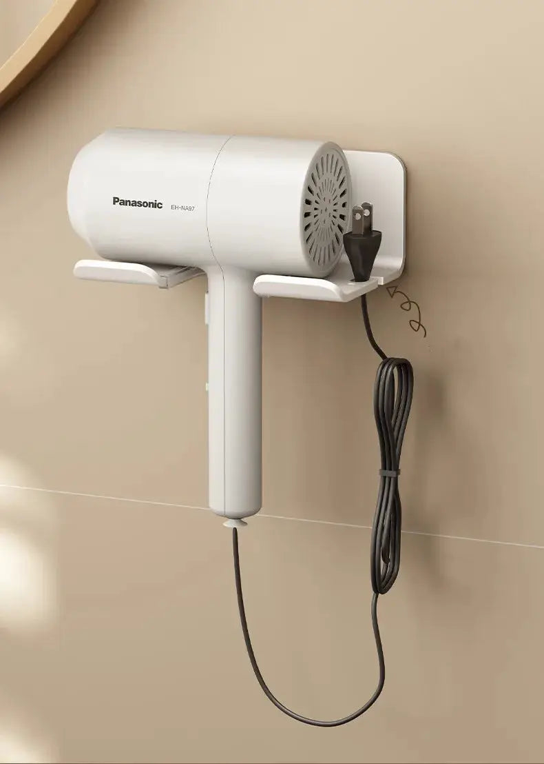 White Panasonic hair dryer on wall-mounted Simples Market holder with two nail-free shelves