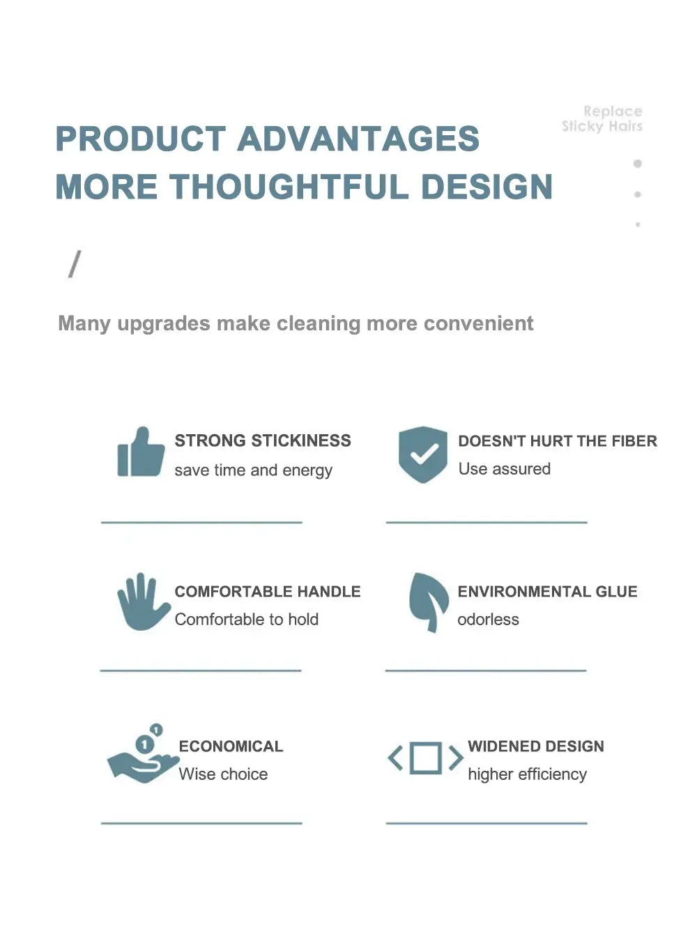 Tearable roll paper sticky roller brush product advantages infographic; shows strong stickiness and durable design.