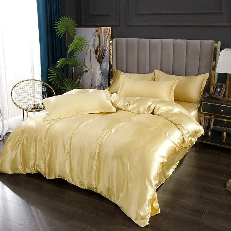 Satin bedding set by Simples Market in gold with duvet cover, bed sheet and pillowcases