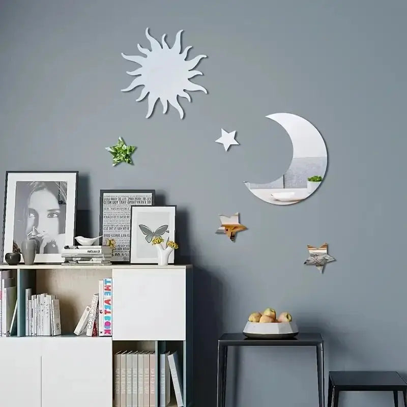 6-piece star and moon mirror wall sticker set; silver mirrored accents for bedroom and living room