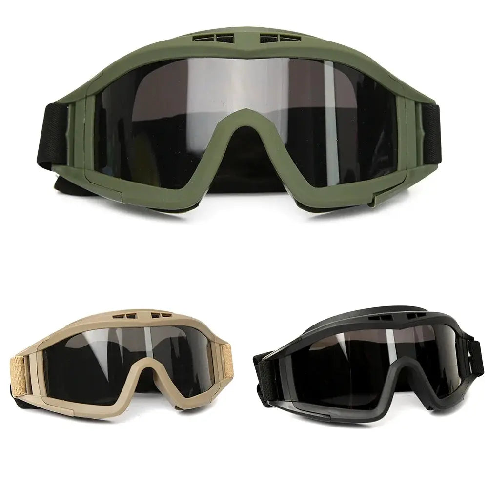 Airsoft tactical goggles 3-pack in olive green, tan and black by Simples Market with windproof dustproof lenses.