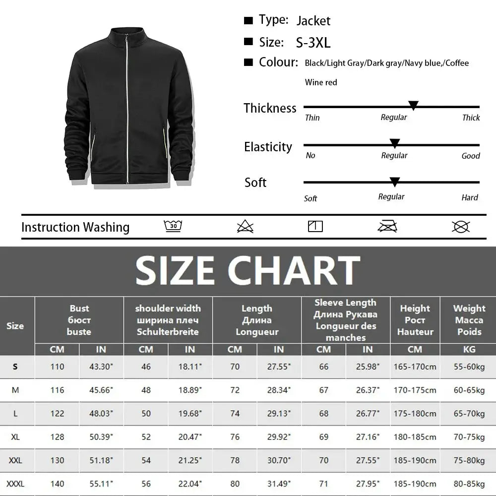 Men's black full-zip jacket with stand collar, windproof outdoor coat