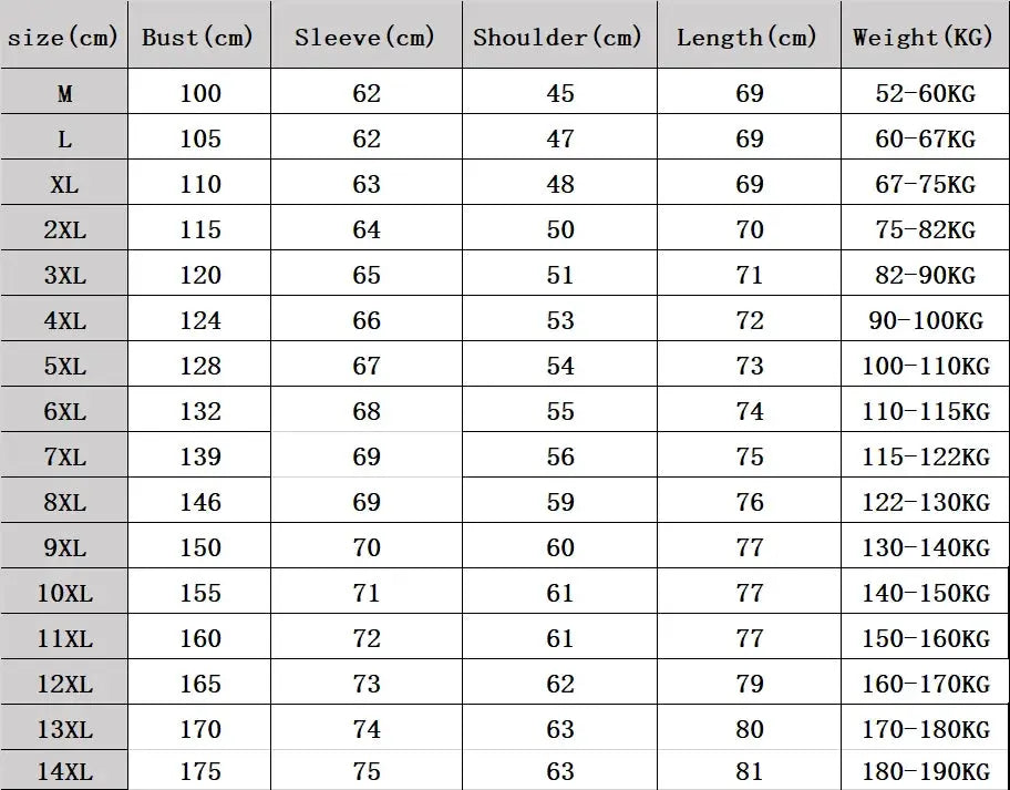 Simples Market plus-size men's hooded down jacket size chart with bust, sleeve, shoulder and length measurements