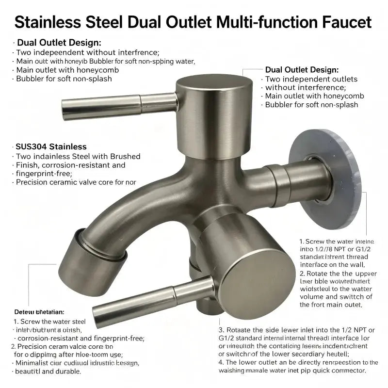 Simples Market stainless steel dual-outlet faucet with two spouts for laundry sink and washing machine