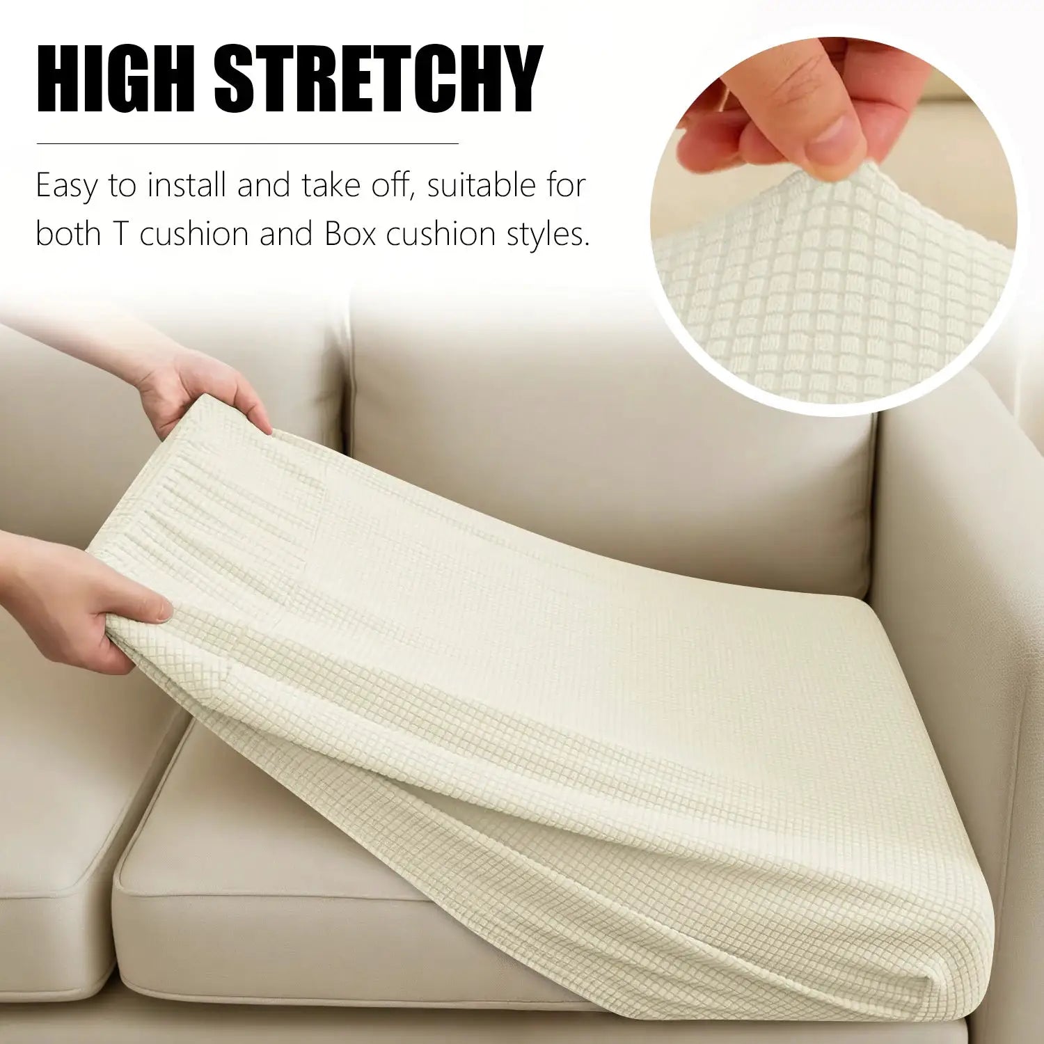 Simples Market beige jacquard sofa cushion cover slipcover; waterproof couch protector shown being placed on a sofa
