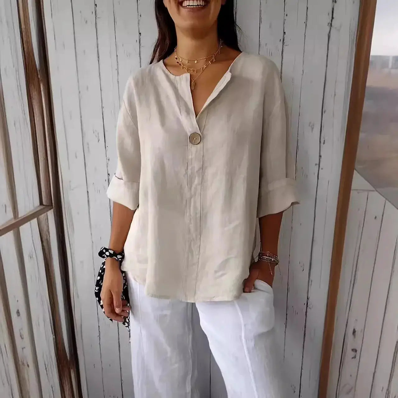 VEITCHE women's cream linen-cotton V-neck blouse with front button, 3/4 sleeves, loose-fit top