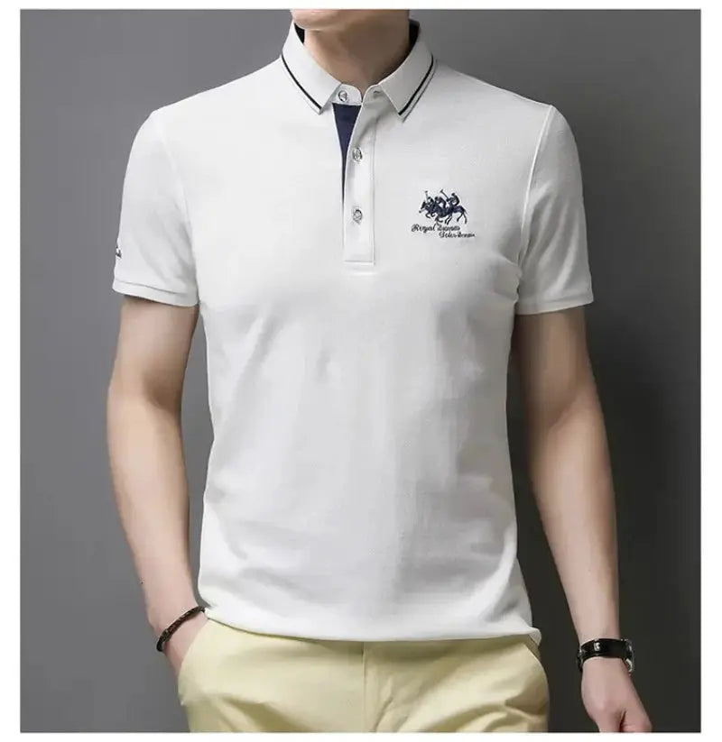 Simples Market men's white embroidered polo shirt, short sleeves, chest logo, breathable lightweight fabric