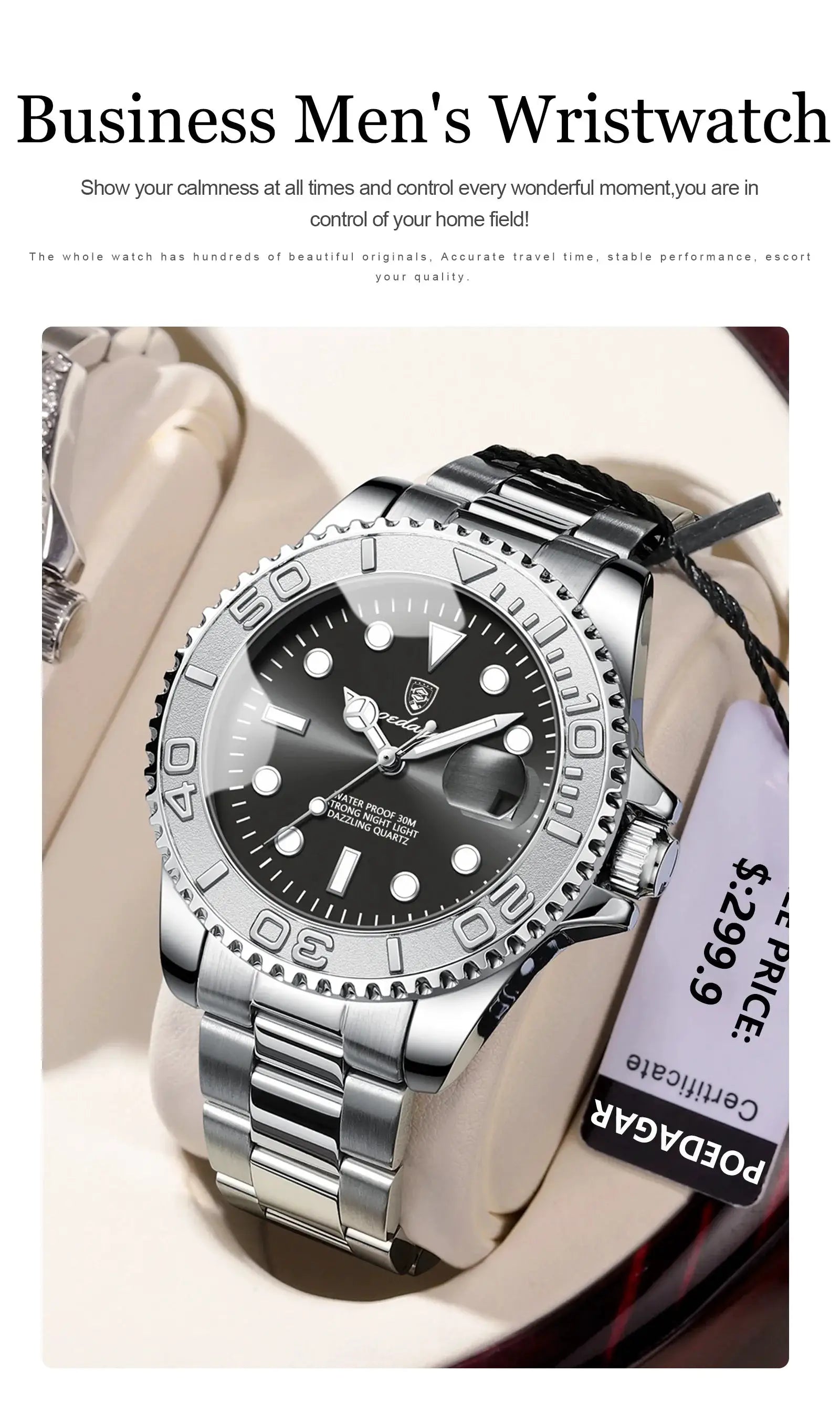 POEDAGAR men's stainless steel luxury watch with black dial, luminous markers, date window and rotating bezel
