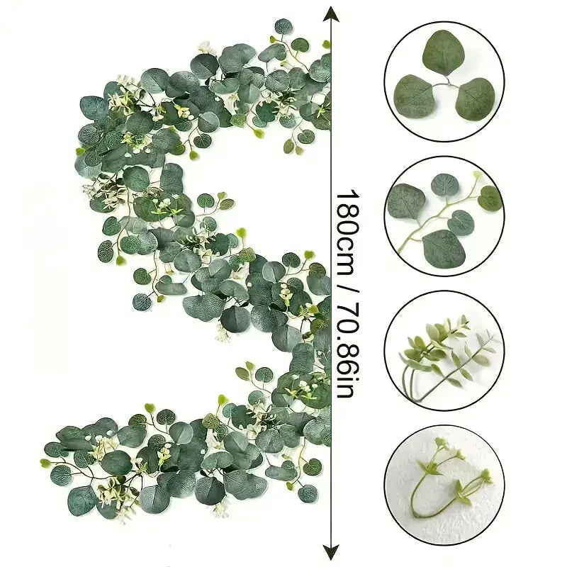 Lush 70.8 Inch Faux Eucalyptus Garland With White Flowers For Home And Holiday Decor Wall Hanging Yard And Party Accents