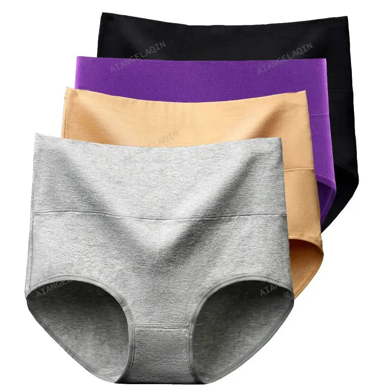 4-pack high-waist cotton panties for women by Simples Market in gray, beige, purple, and black.